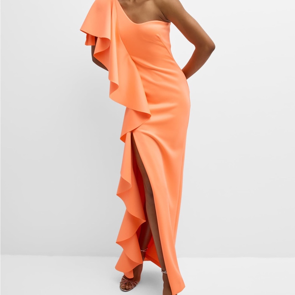 Black Halo Percy Ruffle One Shoulder Scuba Gown Neon Apricot Size 4 $525